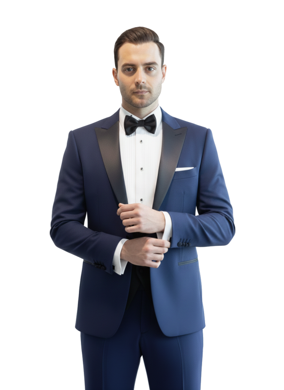 Niebieski smoking męski MARE z atłasowymi klapami w szpic szyty na miarę