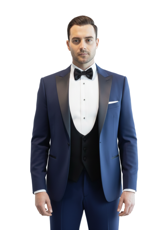 Niebieski smoking męski MARE z atłasowymi klapami w szpic szyty na miarę