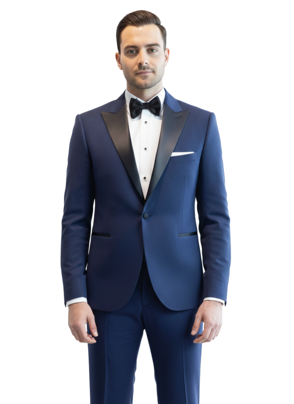 Niebieski smoking męski MARE z atłasowymi klapami w szpic szyty na miarę