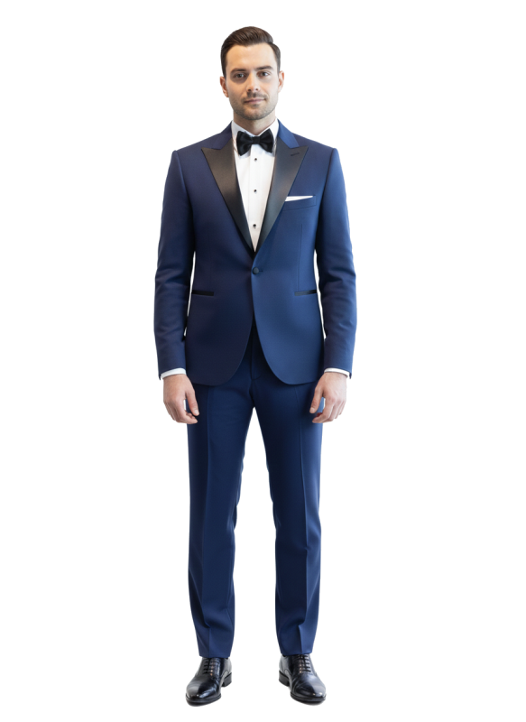 Niebieski smoking męski MARE z atłasowymi klapami w szpic szyty na miarę