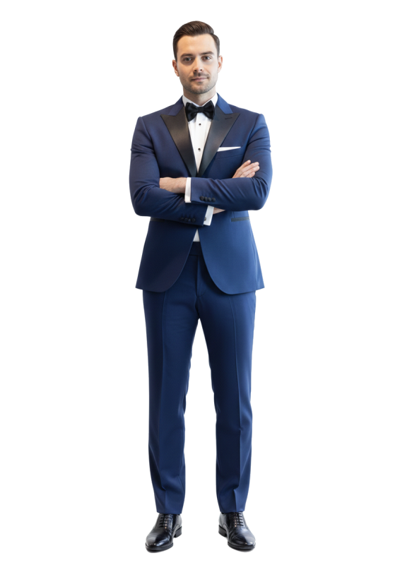 Niebieski smoking męski MARE z atłasowymi klapami w szpic szyty na miarę