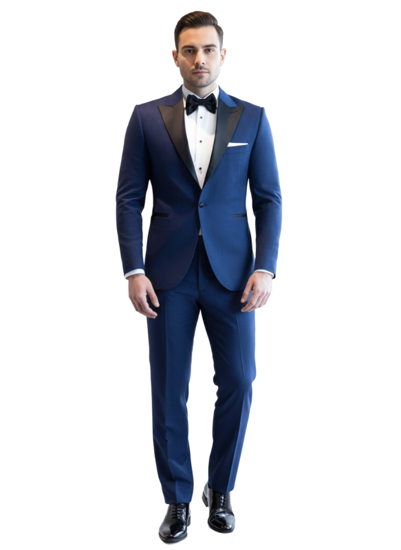 Niebieski smoking męski MARE z atłasowymi klapami w szpic szyty na miarę