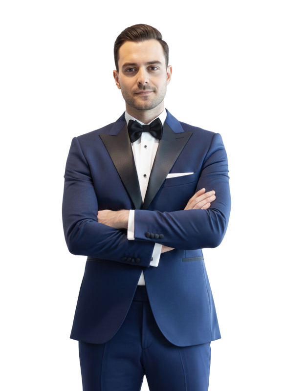 Niebieski smoking męski MARE z atłasowymi klapami w szpic szyty na miarę