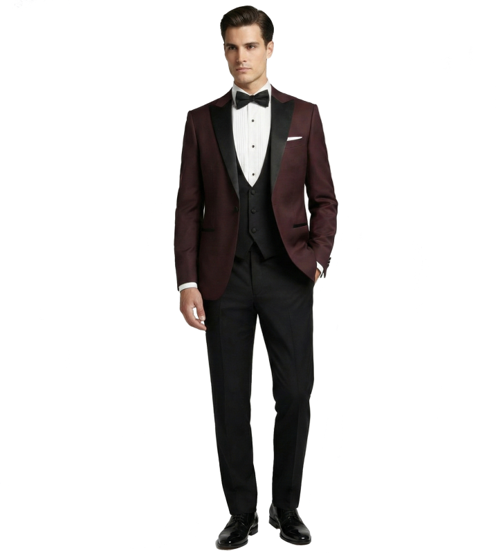 Burgundowy smoking męski BORGOGNA z atłasowymi klapami w szpic szyty na miarę