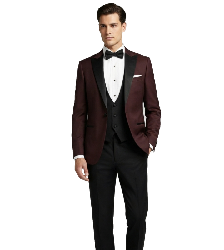 Burgundowy smoking męski BORGOGNA z atłasowymi klapami w szpic szyty na miarę