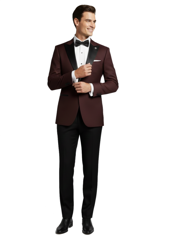 Burgundowy smoking męski BORGOGNA z atłasowymi klapami w szpic szyty na miarę