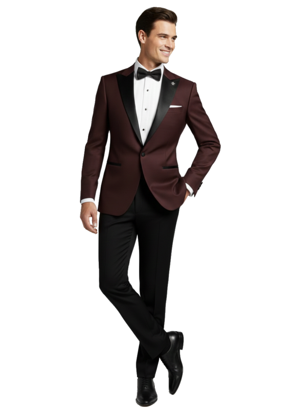 Burgundowy smoking męski BORGOGNA z atłasowymi klapami w szpic szyty na miarę