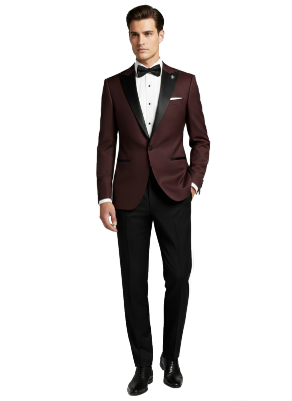 Burgundowy smoking męski BORGOGNA z atłasowymi klapami w szpic szyty na miarę
