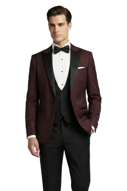 Burgundowy smoking męski BORGOGNA z atłasowymi klapami w szpic szyty na miarę