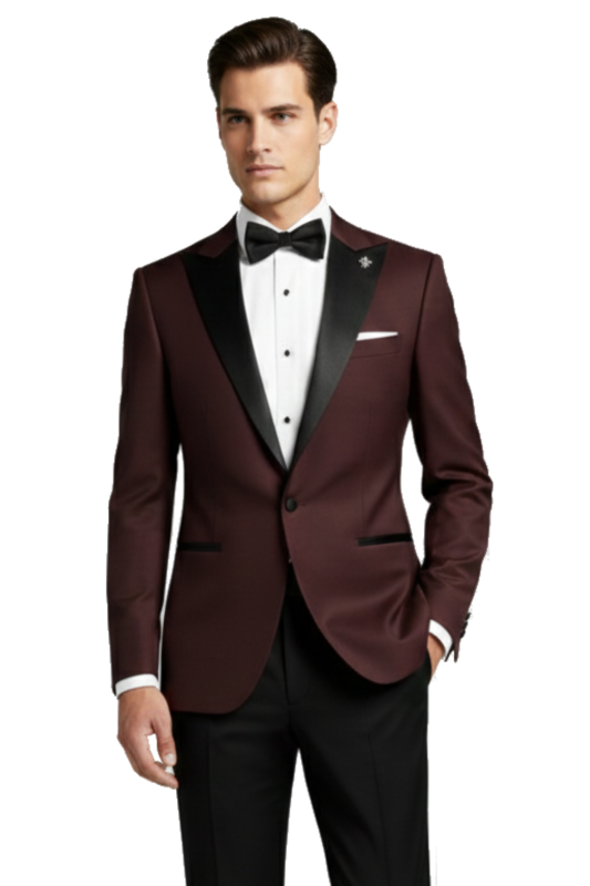 Burgundowy smoking męski BORGOGNA z atłasowymi klapami w szpic szyty na miarę