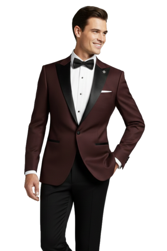 Burgundowy smoking męski BORGOGNA z atłasowymi klapami w szpic szyty na miarę