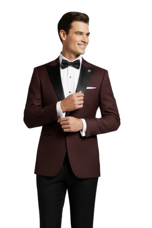 Burgundowy smoking męski BORGOGNA z atłasowymi klapami w szpic szyty na miarę