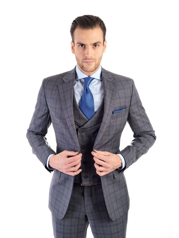 Grafitový pánský oblek RAWENNA v kostkovaném vzoru šitý na míru